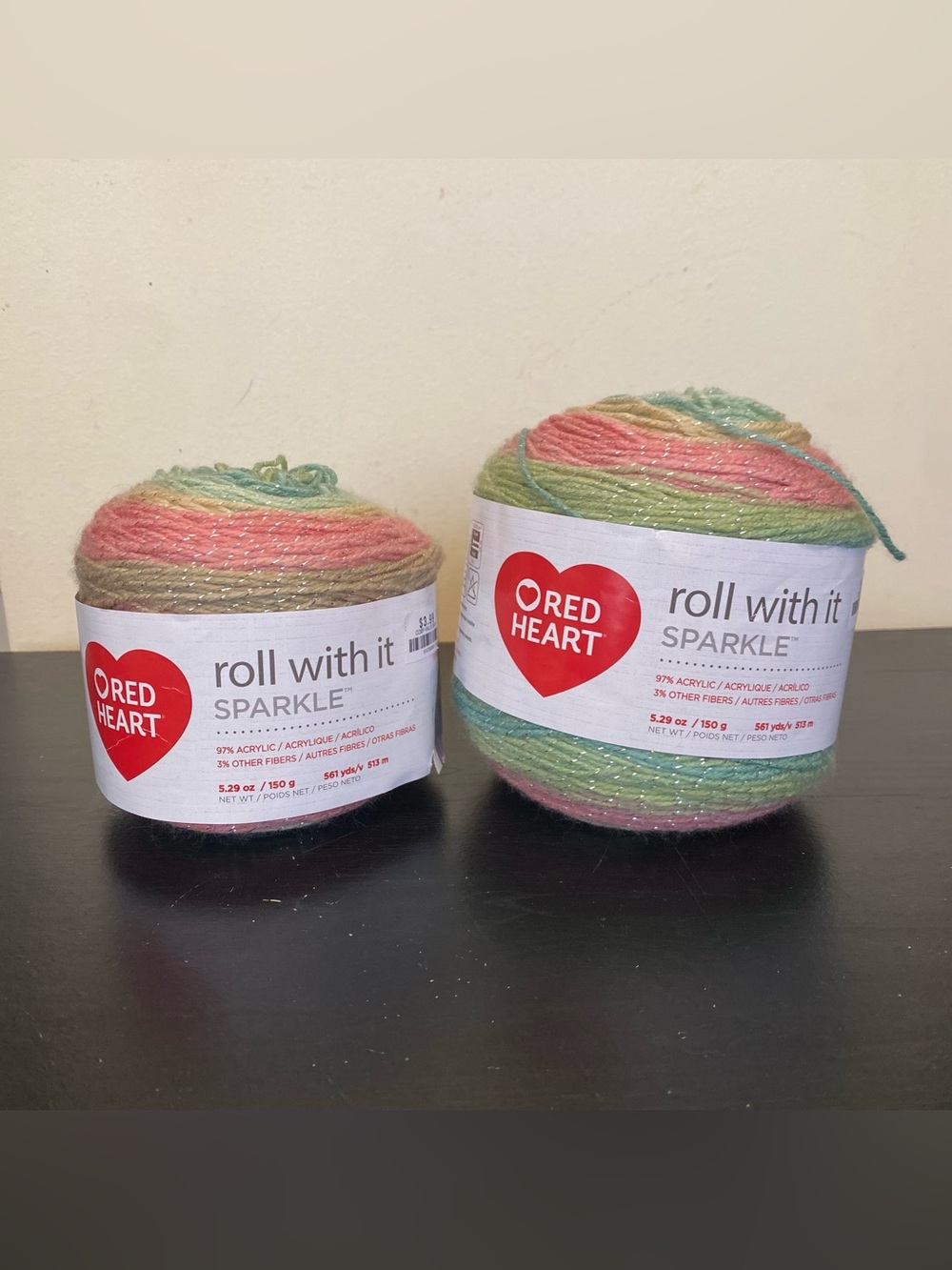 2 Skeins Red Heart Roll With It Sparkle Pastel Paradise Yarn Cakes